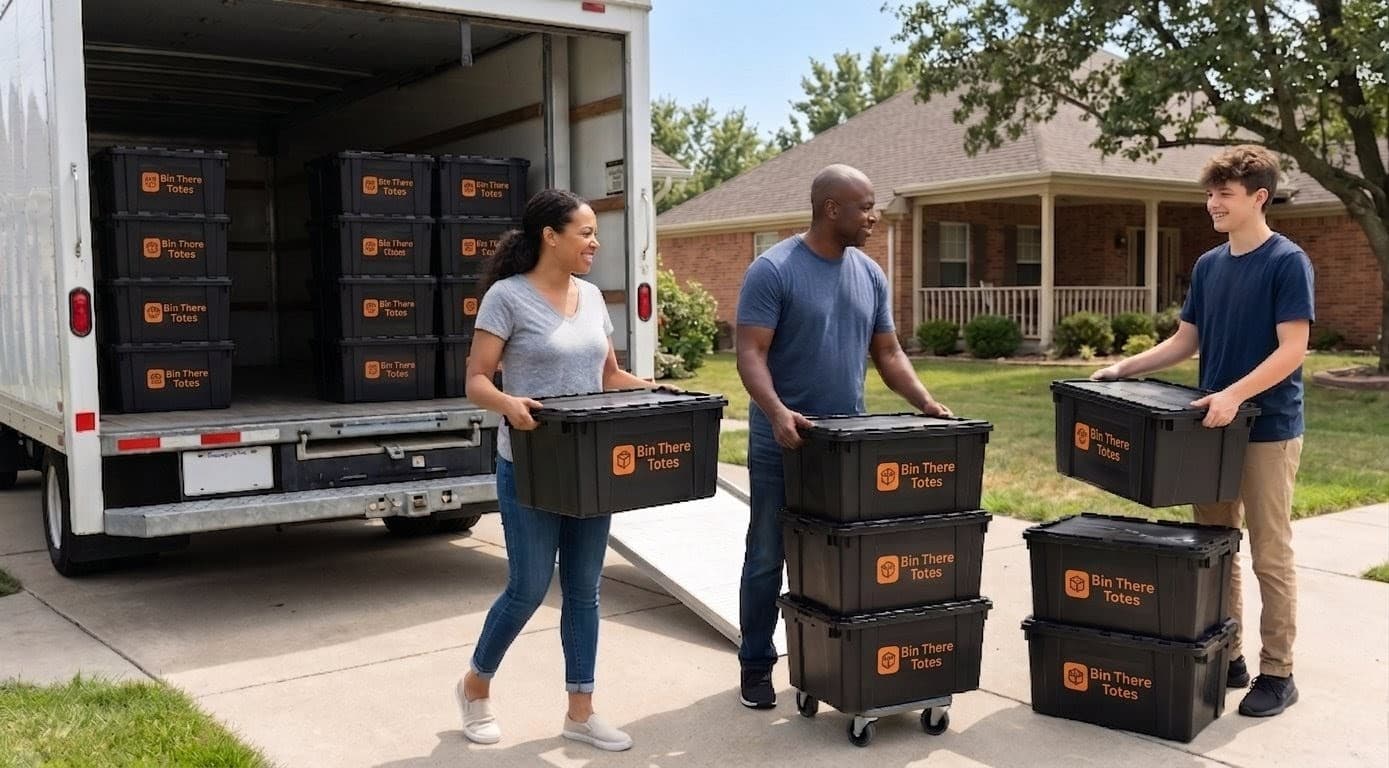 Family using Bin There Totes branded moving bins at their Allen County home
